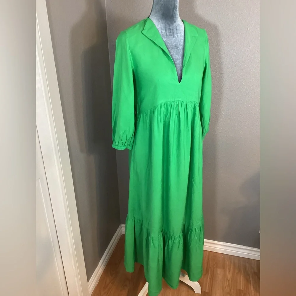 ZARA Tiered Green Maxi Linen Blend Dress Size S - Picture 3 of 10